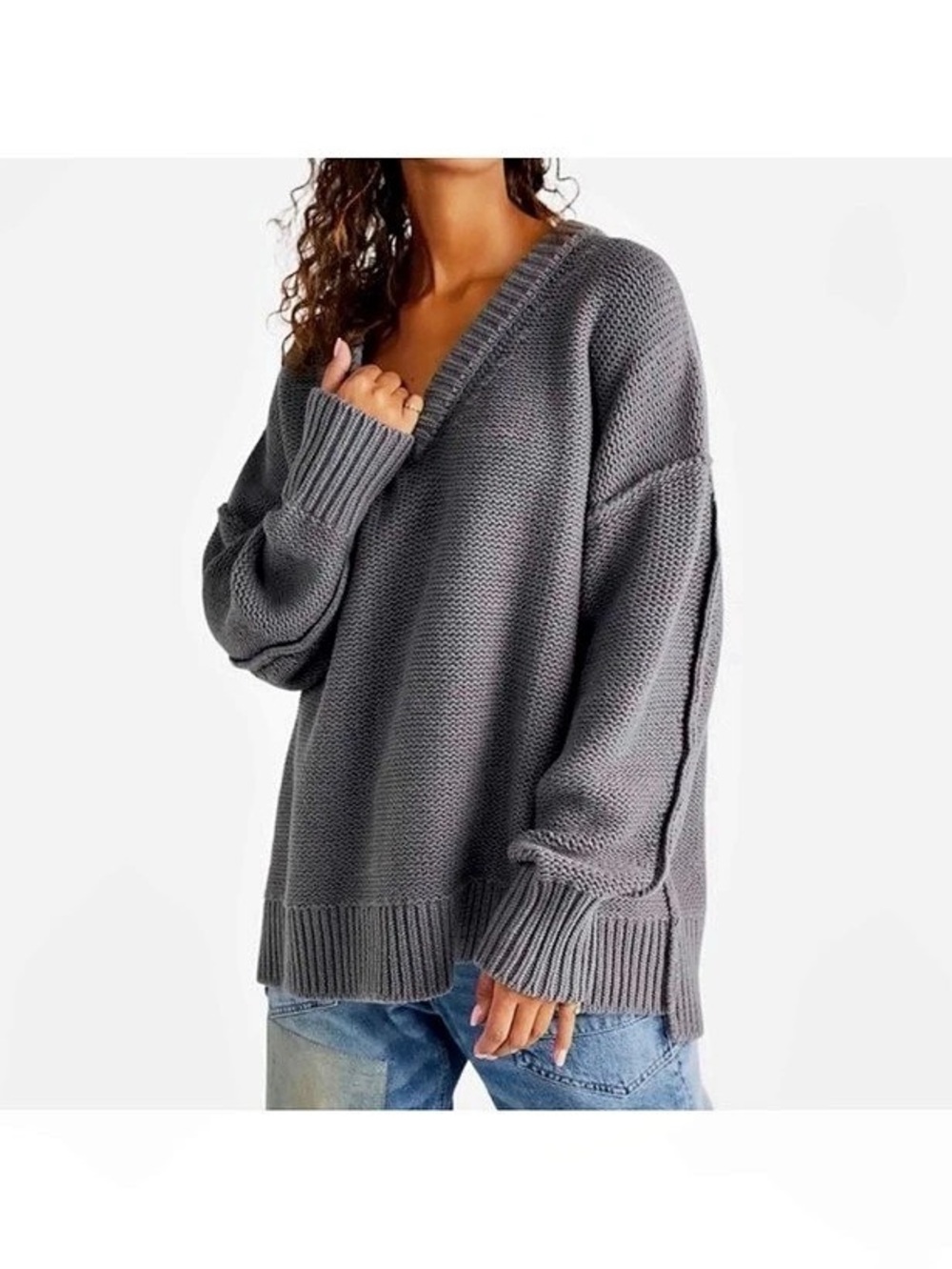 Free People Alli V-Neck Sweater – Titan Gray – S